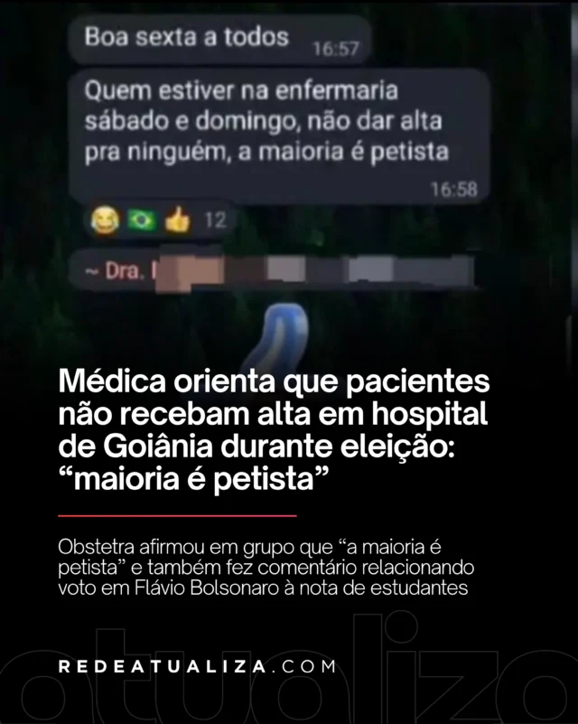 Médica de maternidade em Goiânia é alvo de representação no MPF por mensagens sobre eleição